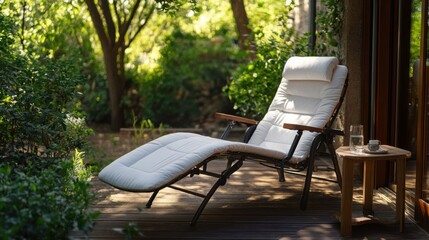 Chronic back pain eased by a person reclining on a zero-gravity chair in a quiet outdoor patio. Featuring therapeutic furniture