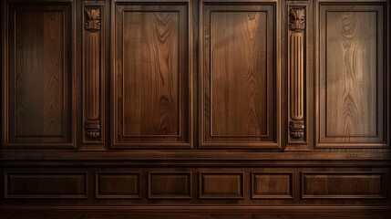 A polished wooden wall featuring detailed paneling and a rich brown finish, exuding elegance and classic design.