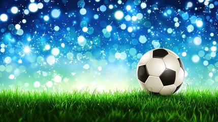 Soccer ball on grass, magical night background, celebratory atmosphere, stock photo