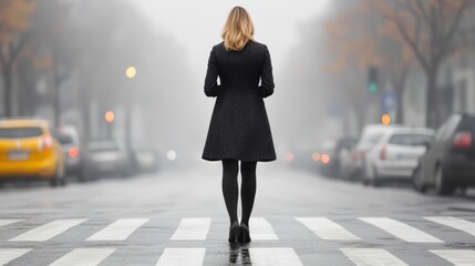 Woman standing alone in the foggy street embodies solitude and mystery