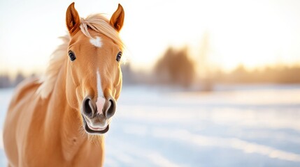 Golden Don breed horse stands gracefully in a snowy landscape during winter