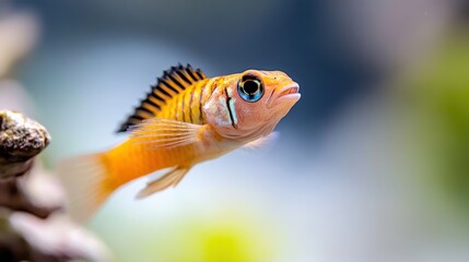 Vibrant paradise fish gracefully swims among aquatic plants in serene waters