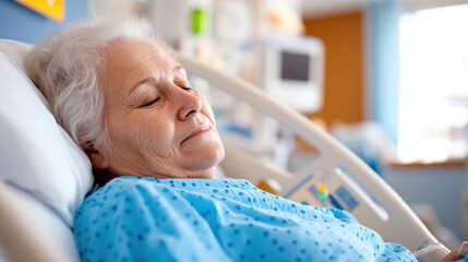 Elderly woman finding comfort and rest in hospital after surgery