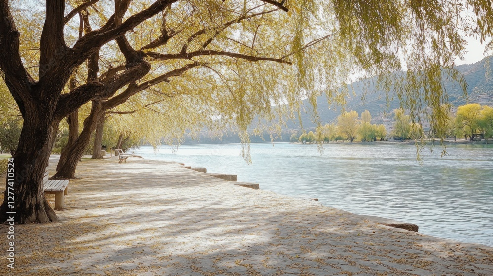 Poster A serene riverside view with willow trees and a peaceful pathway.