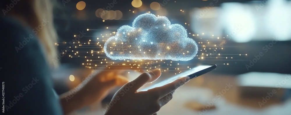 Poster business professional using touch to access cloud application, cloud technology for business solutio