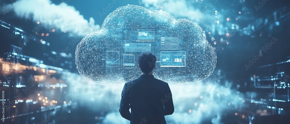 Aufkleber businessperson accessing cloud application with touch, digital interface, technologydriven business 