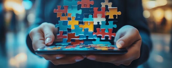 Business professional solving a jigsaw puzzle on a smartphone screen, showcasing the power of online business solutions