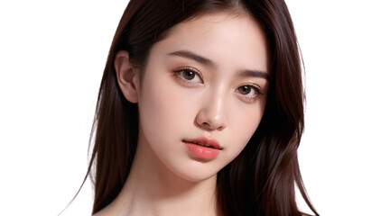Fototapeta premium Beauty portrait of a beautiful young woman with glowing skin. Beautiful real face, beauty image. (transparent background) PNG with alpha channel. 輝く肌を持つ美しい若い女性のビューティーポートレート。美容イメージ(背景透過)アルファチャンネル付PNG