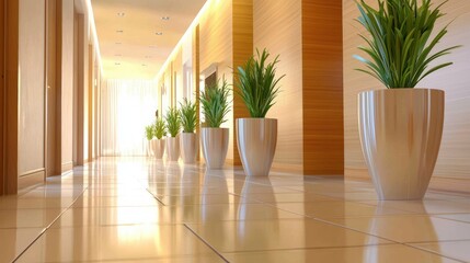 Elegant Hallway with Potted Plants and Gleaming Floor Tiles in a Modern Interior Design with Natural Light and Warm Tones for a Serene Atmosphere