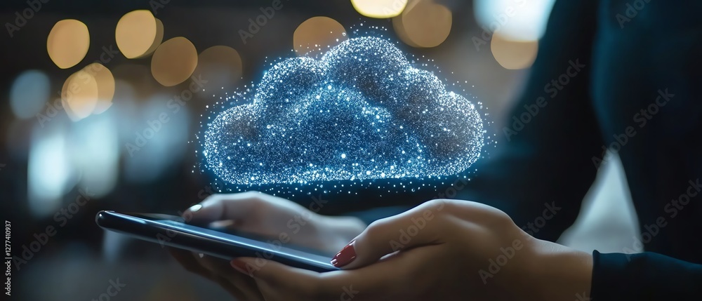 Poster businessperson touching cloud application on tablet, cloud computing solutions for business, digital