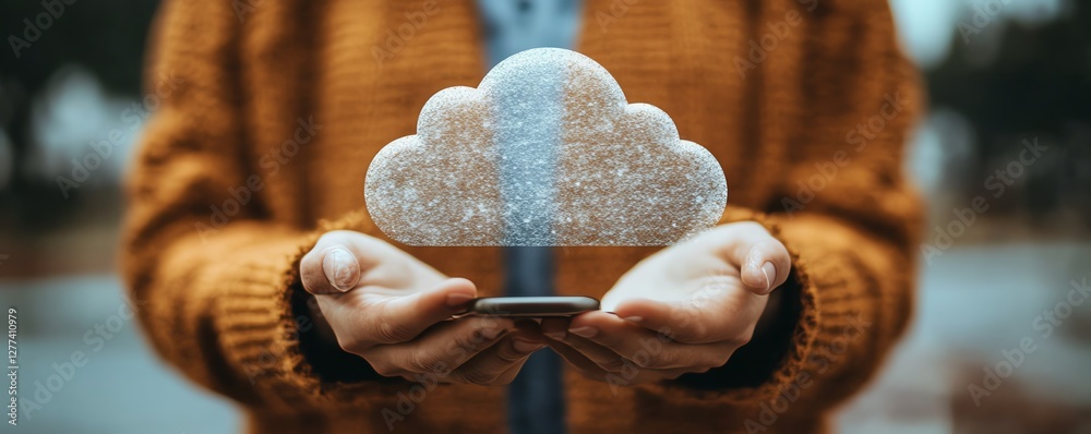 Poster businessperson interacting with cloud app on smartphone, cloudbased business solutions, digital inte