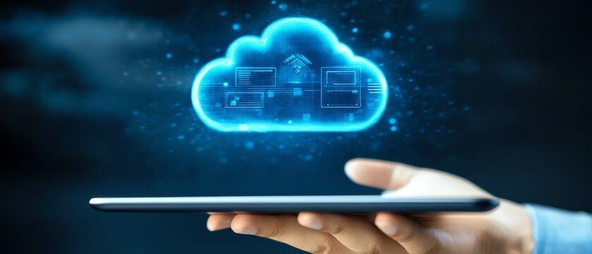 Businessperson touching cloud application on tablet, cloud computing solutions for business, digital work environment