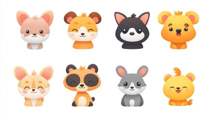 Cute cartoon animal faces, various species,  adorable designs.