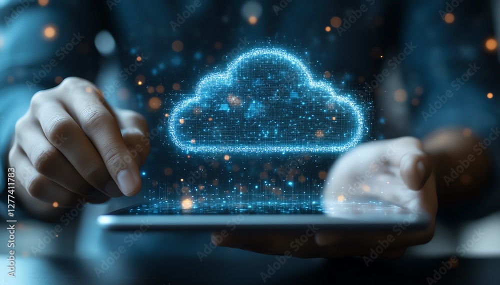 Poster entrepreneur touching cloud app on tablet, cloud computing for business, digital transformation, tec