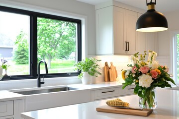 Bright kitchen interior with floral arrangement and natural light streaming through the window creating a serene and inviting atmosphere