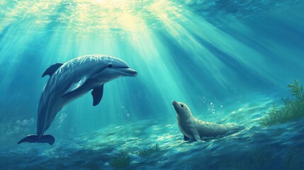 Naklejka premium Underwater view of a dolphin and seal interacting gracefully, sunlight rays piercing the azure ocean surface above them