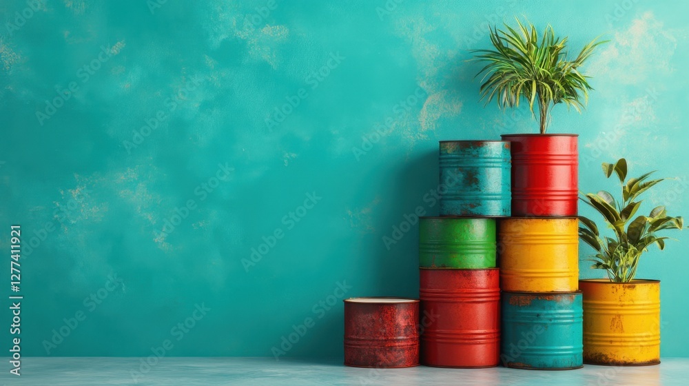 Sticker Urban artistry shines through with a vibrant stack of colorful oil drums against a turquoise wall, highlighting industrial design with a contemporary edge.