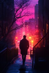 A silhouetted figure walking down an urban stairway at twilight with glowing city lights illuminating the misty atmosphere, framed by bare trees and skyscrapers.