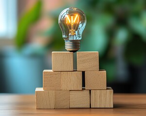 Teamwork business strategy lightbulb icons stacked blue blocks wood desk collaboration leadership innovation concept