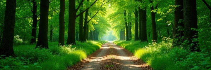 Fototapeta premium A tranquil forest path unwinds beneath leafy canopies, pathway, woods, trees