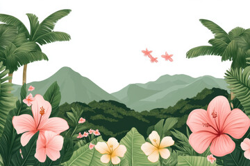 Fototapeta premium Lush tropical landscape featuring vibrant hibiscus flowers, palm trees, and distant mountains. scene evokes serene and exotic atmosphere, perfect for nature lovers