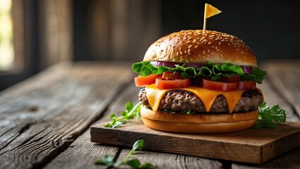 Close-up of a delicious cheeseburger with fresh vegetables on a rustic wooden table