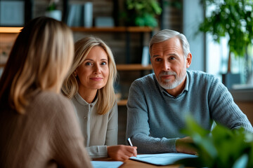 Senior couple listening financial advisor during meeting