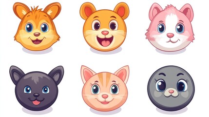Fototapeta premium Cute cartoon animal faces, various species, happy expressions.