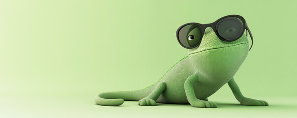 playful chameleon wearing oversized sunglasses, resting on green background, exuding cool and relaxed vibe. Perfect for fun and whimsical themes