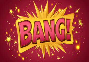 High resolution vector graphic of comic style explosion with word BANG in bold letters, surrounded by stars and sparks, conveying excitement and energy