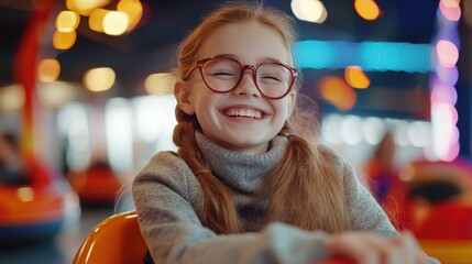 Fototapeta premium Joyful Girl with Glasses Enjoying Amusement Park Ride Experience