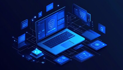 Ecommerce concept rush of orders top view laptop blue shopping cart icons digital sales increase