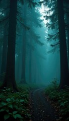 Fototapeta premium Dark forest foliage with misty atmosphere on black grunge background, wilderness, darkness