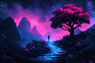 Obraz premium Solitary Figure Walking on a Dazzling Path with Luminous Pink Tree and Vibrant Galaxy Backdrop in Majestic Landscape of Illuminated Night Sky