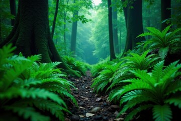 Fototapeta premium Dark forest floor with clusters of tropical ferns, verdant landscapes, dense undergrowth
