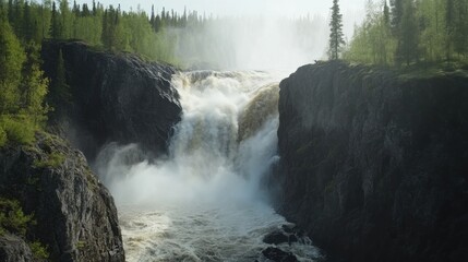 Video generation of a majestic waterfall cascading down a rocky cliff. Featuring natural grandeur and beauty