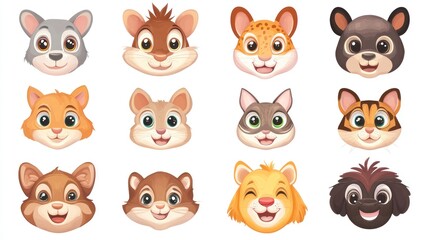Obraz premium Cute cartoon animal faces, various species, happy expressions.