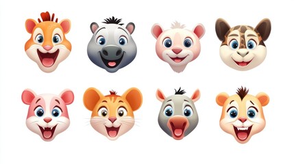 Cute cartoon animal faces, various species, happy expressions.