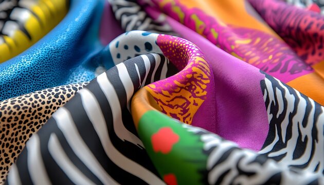 Colorful silk fabric featuring assorted animal print patterns