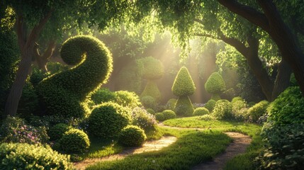 Whimsical topiary shapes emerging from dappled shade, glowing with soft light and surrounded by vibrant greenery.