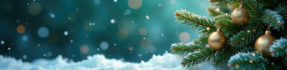 Frosty white and metallic tones blend in perfect harmony with a lush green Christmas tree, winter wonderland, , christmas