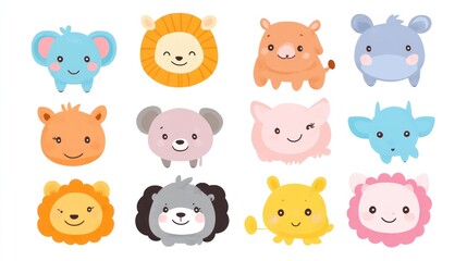 Cute cartoon animal faces, various species, happy expressions, childlike design.