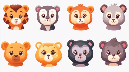 Cute cartoon animal faces, various species, happy expressions.