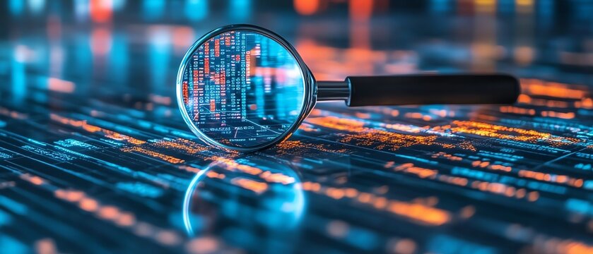 Researching and analyzing data with magnifying glass digital analysis business concept data review