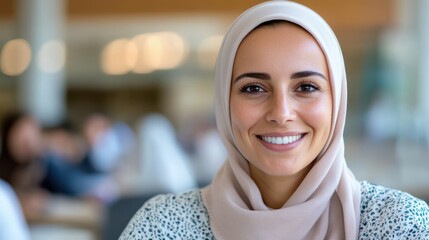 Smiling Arabic teacher engaging students in online English grammar lessons
