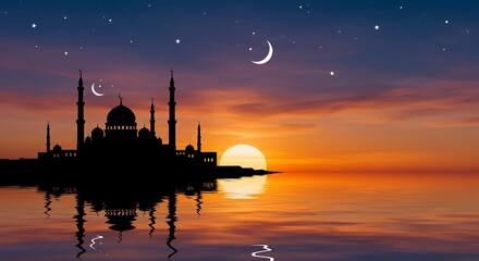 Obraz premium Mosque silhouette at sunset reflecting on the water surface