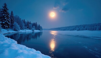 Frozen lake surface reflects the gentle glow of a full moon above a blanket of snow-covered trees, reflection, calm, ripples