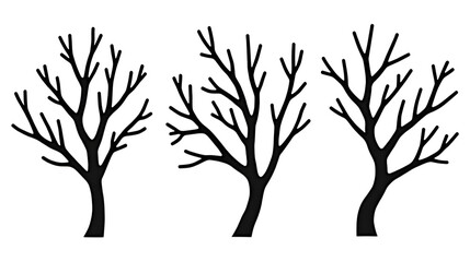 Obraz premium Three stark, leafless trees stand silhouetted against a bright white background, creating a minimalist winter scene.,coloring page