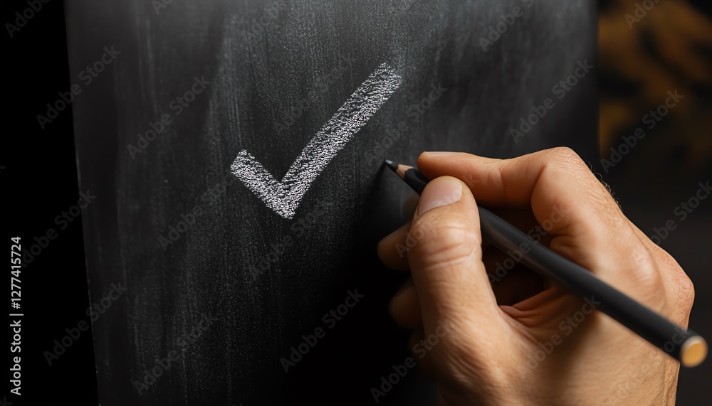 Poster business document organization concept businessman drawing check mark on chalkboard document managem