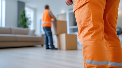 Professional movers handle furniture with care in a modern apartment setting